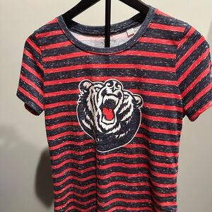 Vibrant Red and Navy Striped Short Sleeve Tee with Belmont Bruin Graphic